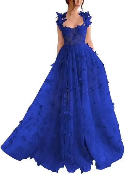 Elegant Corset Evening Gown with Tulle Skirt & 3D Butterfly Appliqués