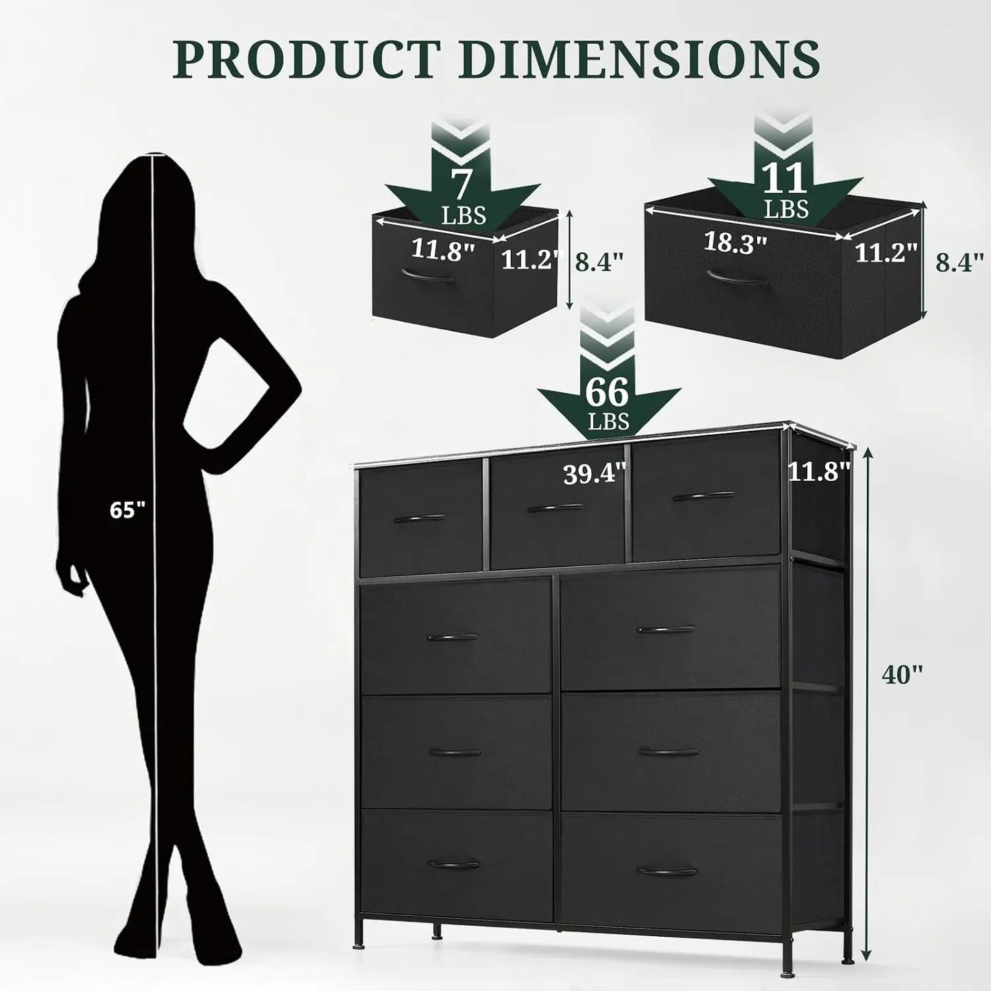 9‑Drawer Tall Bedroom Dresser with Wooden Top & Fabric Bins