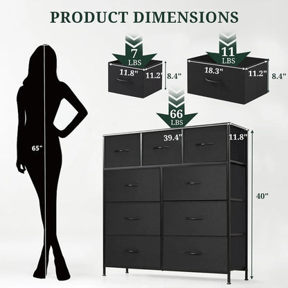 9‑Drawer Tall Bedroom Dresser with Wooden Top & Fabric Bins