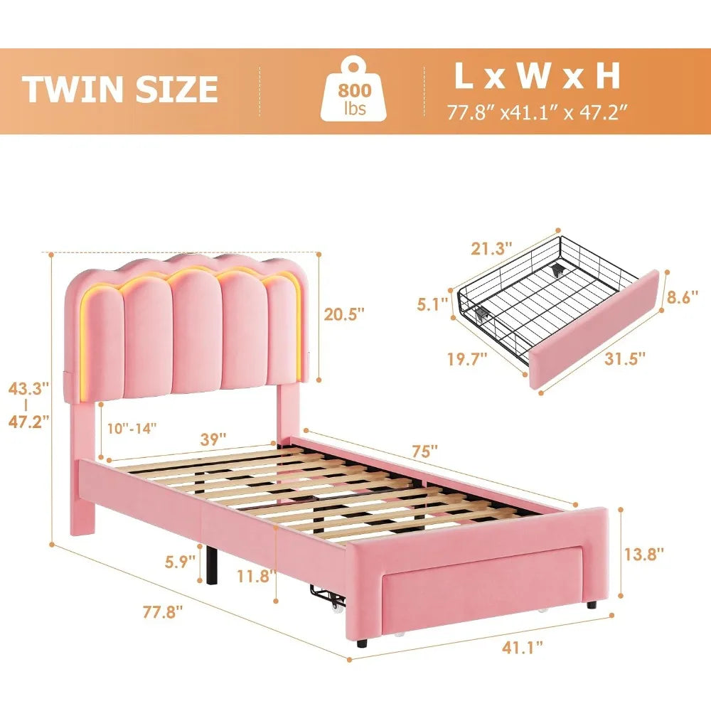 Twin Princess LED Upholstered Bed with Wavy Headboard & Storage Drawer