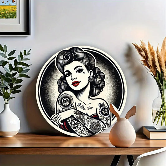 Vintage Tattoo Girl Circular Metal Wall Art - Unique Graphic Iron Sign Decor for Home Office