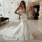 Ivory Mermaid Lace Appliques Tulle Bridal Gowns with Court Train Sweetheart Straps Vintage