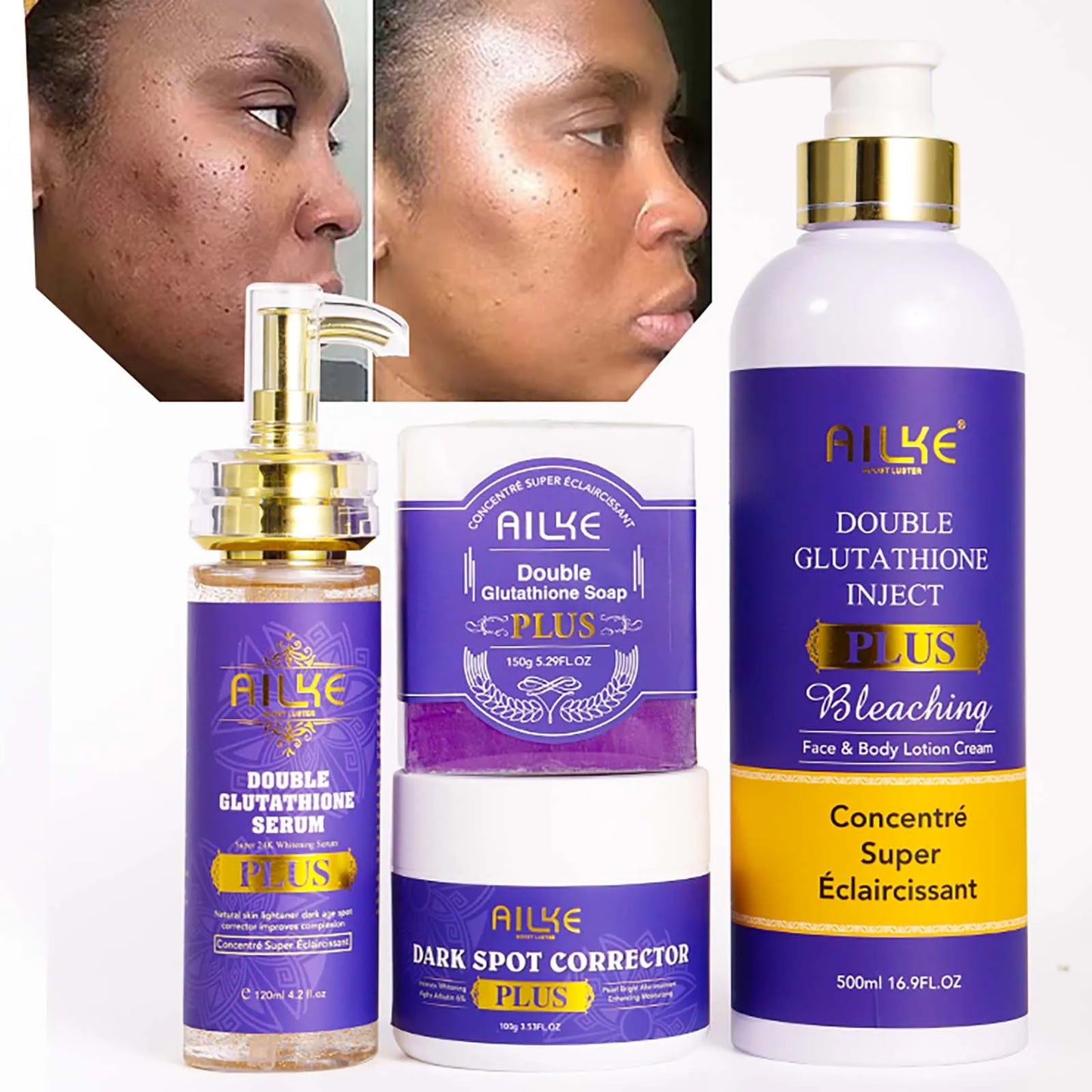 AILKE Glutathione PLUS Whitening Skin Care Set, Advanced Lightening Lotion, Moisturizes, Softens, Bleaching Kit for Men, Women