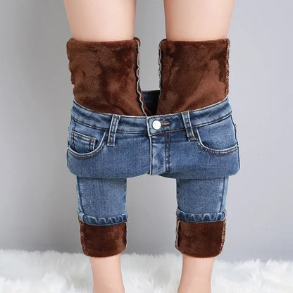 delete Women Thermal Skinny Jeans Mom Winter Warm Plush Stretch Jeans Lady Fleece Snow Denim Pants Student Pencil Straight Leg Trousers