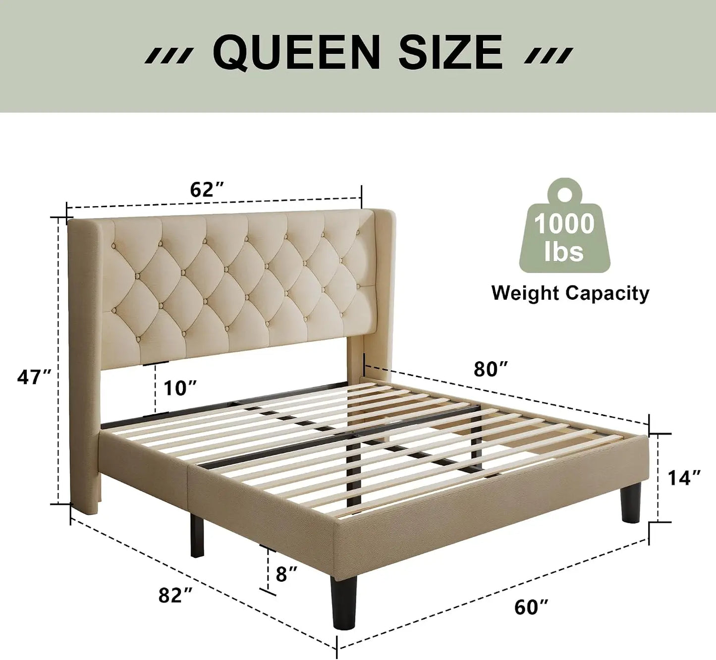 Queen Bed Frame with Diamond Tufted Wingback Headboard, Morden Upholstered Platform Bedframe, Sturdy Wooden Slats Support