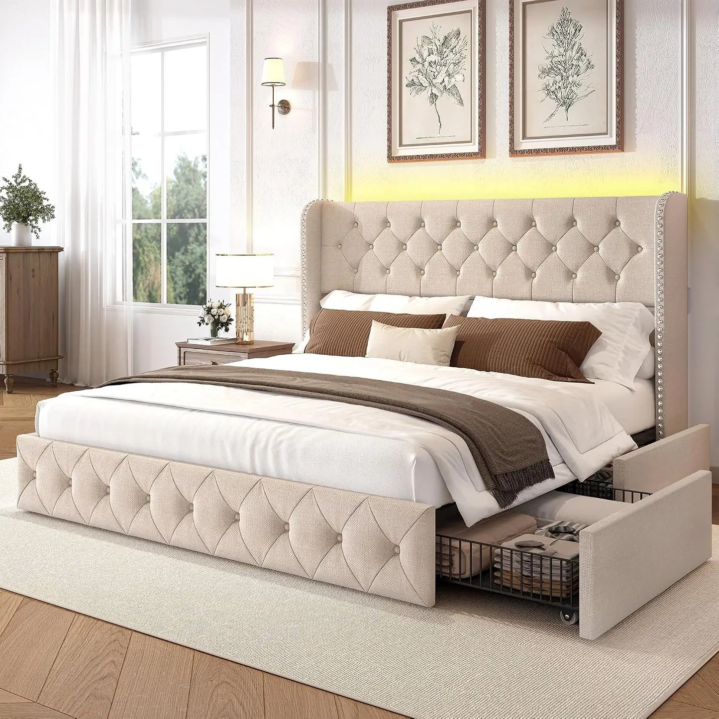 King Velvet Platform Bed w/ LED & 4 Storage Drawers
