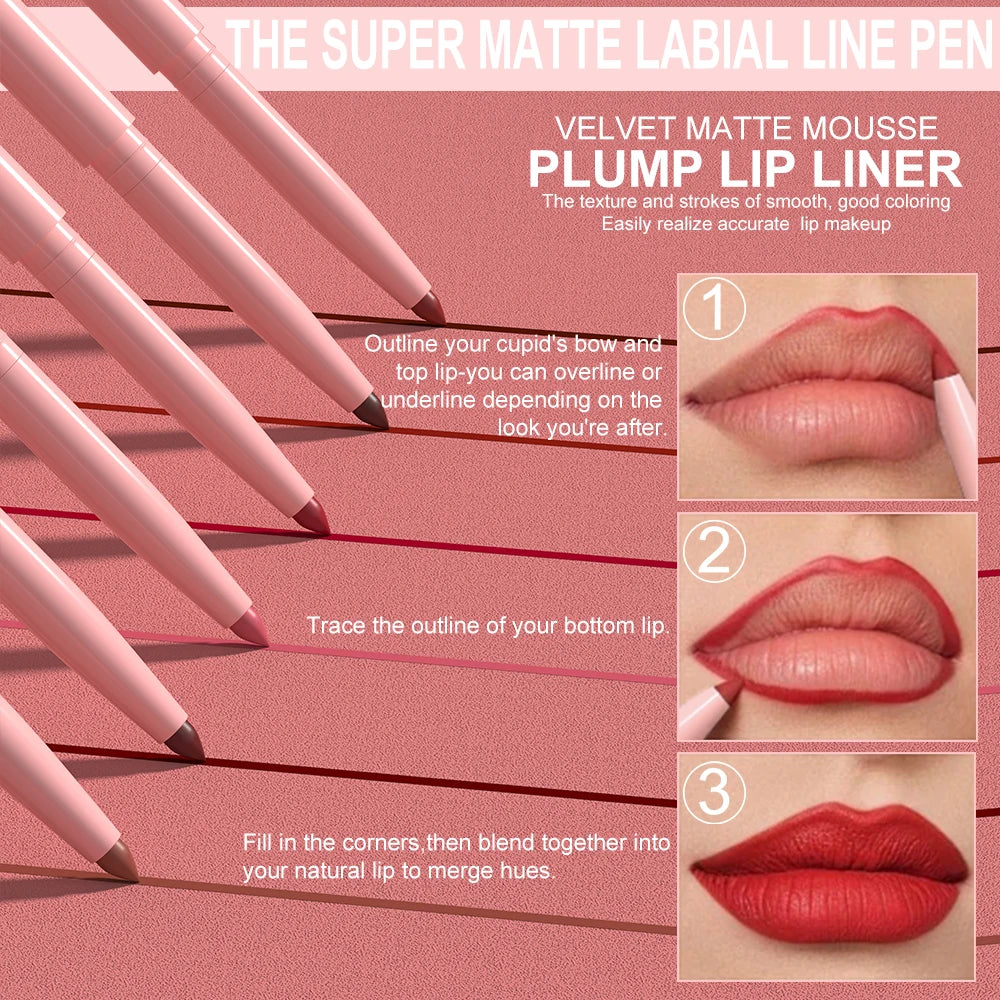 6-piece Velour Matte Lip Liner Non-Fading Lipstick Pens