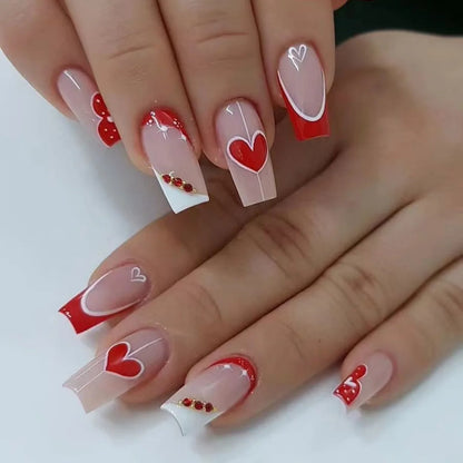 24Pcs French Pink Press on Nails Short Square Head Fake Nails with Flower Rhinestone Design Wearable Finished False Nail Tips