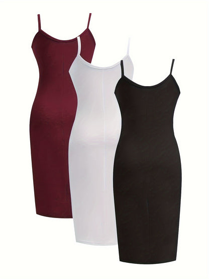[3 Pack Plus Size Cami Dress] 3 Pack Plus Size Basic Dress Set, Women's Plus Solid Round Neck Medium Stretch Slim Fit Cami Dress Three Piece Set