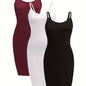 [3 Pack Plus Size Cami Dress] 3 Pack Plus Size Basic Dress Set, Women's Plus Solid Round Neck Medium Stretch Slim Fit Cami Dress Three Piece Set