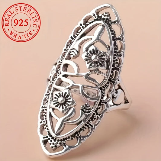 925 Sterling Silver Floral Carved Ring – Boho Retro Style for Daily Wear & Gift Giving