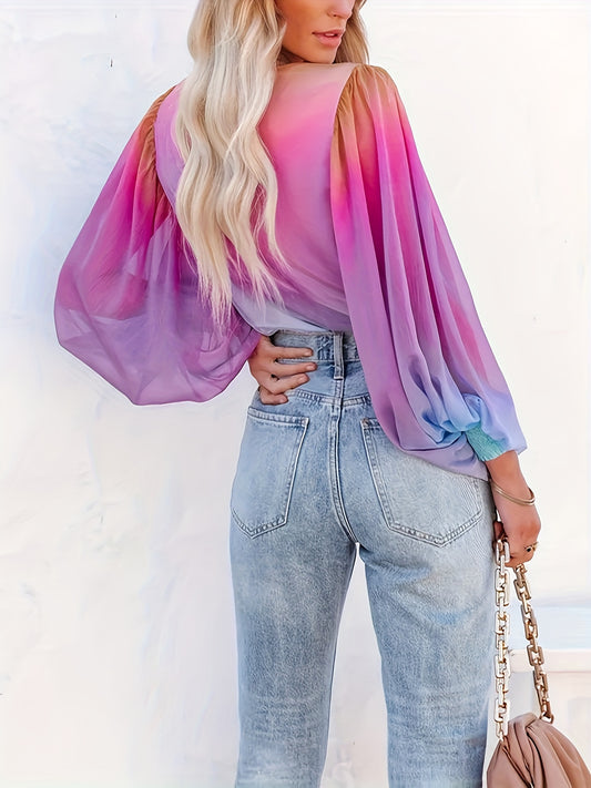 Gradient Color V-neck Loose Blouse, Versatile Lantern Sleeve Blouse For Spring & Fall, Women's Clothing