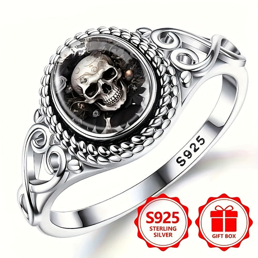 Silvery ring, stylish skull rose, black and white gothic bohemian engagement and wedding jewelry, oval shape, everyday gift, jewelry for all seasons | bohemian ring | durable metal ring, for Teenager
