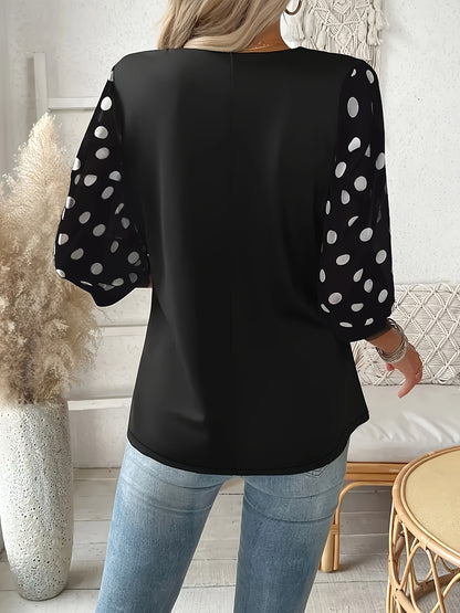Plus Size V‑Neck Blouse – Lightweight, Breathable Polka Dot Contrast Sleeve Top