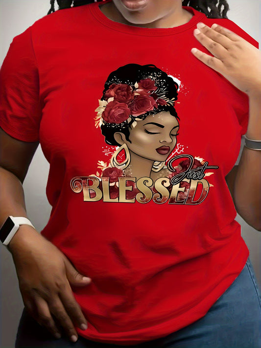 Women's Red Blessing & Floral Print T-Shirt - Short Sleeve Blouse with Blessing Patterns, Lightweight Breathable Fabric, Machine Washable Top for Spring Summer Casual & Dressy Outfits, Elegant Everyday Shirt for all-Season We