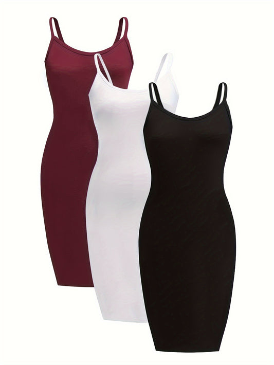 [3 Pack Plus Size Cami Dress] 3 Pack Plus Size Basic Dress Set, Women's Plus Solid Round Neck Medium Stretch Slim Fit Cami Dress Three Piece Set