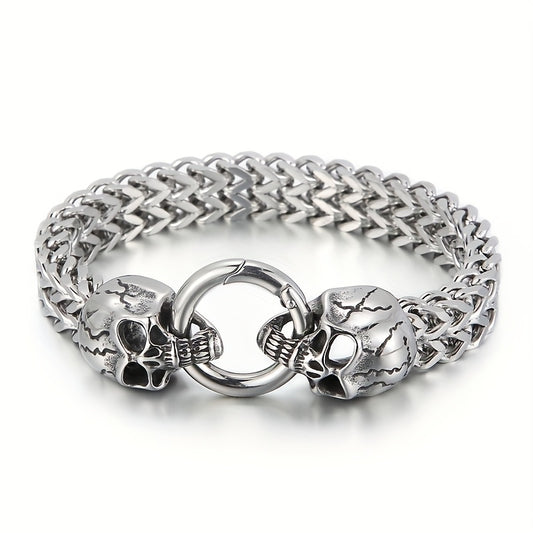 304 Stainless Steel Nordic Double Skull Cuban Chain Bracelet - Retro Punk Hip Hop Rock Jewelry for Men, Durable Polished Finish, Versatile for Daily Wear & Parties, Perfect Gift for Valentine's Day, Father's Day, Graduation,