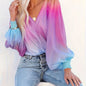 Gradient Color V-neck Loose Blouse, Versatile Lantern Sleeve Blouse For Spring & Fall, Women's Clothing