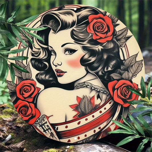 2D Flat, 1pc Vintage Tattoo Art Girl & Roses Printed Retro Round Metal Sign - Aluminum Wall Decor for Living Room, Garage, Cafe - Themed Occasions & Seasonal Decoration, Tattoo Decor, Garage Decoration, Bold Artistic Flair, D