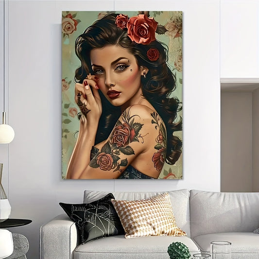 1pc with frame -Tattooed pinup rose floral art Theme Canvas Wall Art Framed Painting Clearance Sale, 2D Flat, Suitable for Halloween, Christmas, Winter and Summer, Luxury Indoor Decoration for Him/Her, Bedroom, Living Room, B