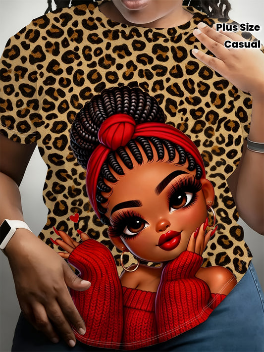 Women'S "Leopard Print Red Charm Cute " Themed Printed Short Sleeved T-shirt | Plus Size, Casual Style, Crew Neck, Slight Stretch Fabric, Digital Print, Regular Sleeve Length