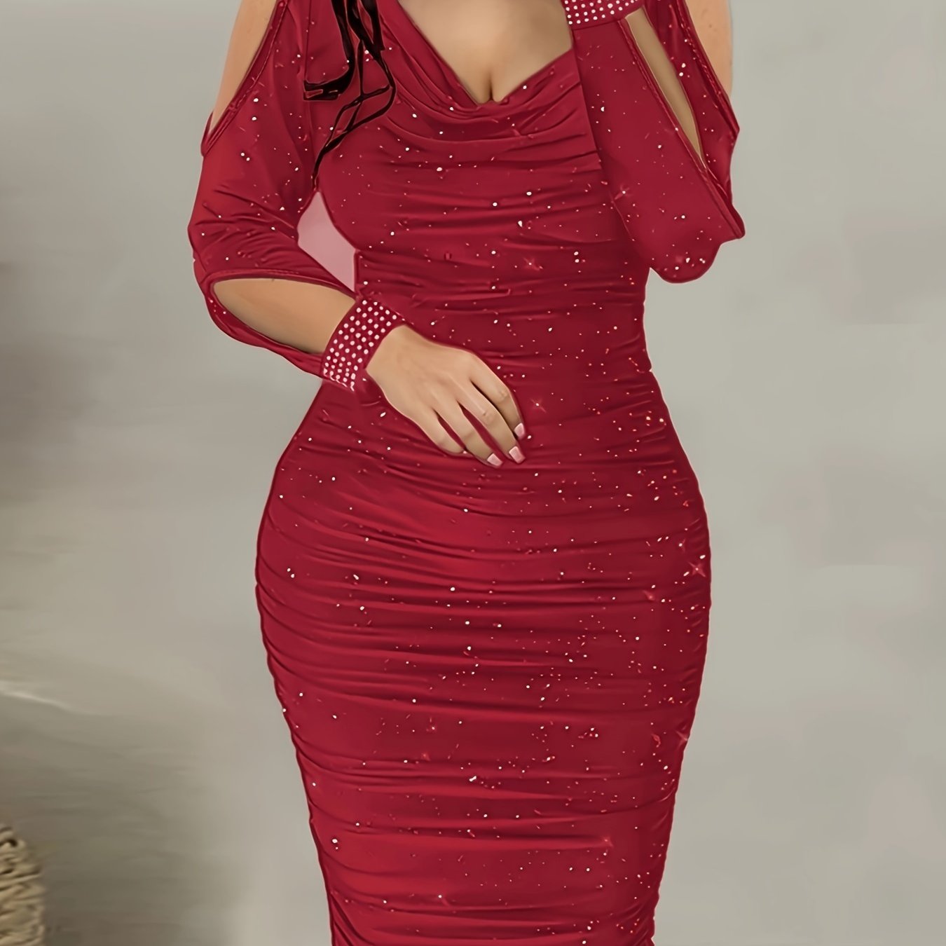 Hot-fix Rhinestone Embellished Swing Neckline Bodycon Dress