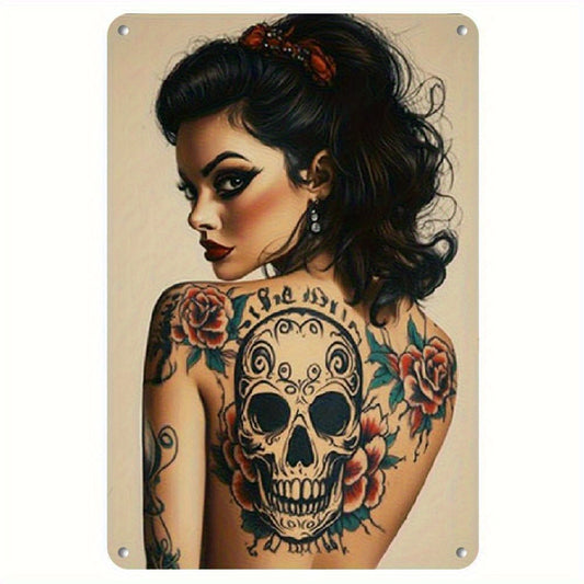 2D Flat, [2D Flat] 1pc Ideal for Kitchen, Dining Room, Bar, Cafe, Garage Decor, Elegant Tattooed Woman with Skull And Rose Design On Back Metal Wall Art Sign Perfect for Room Deco, Room Decor Perfect for Home Or Garden Decor