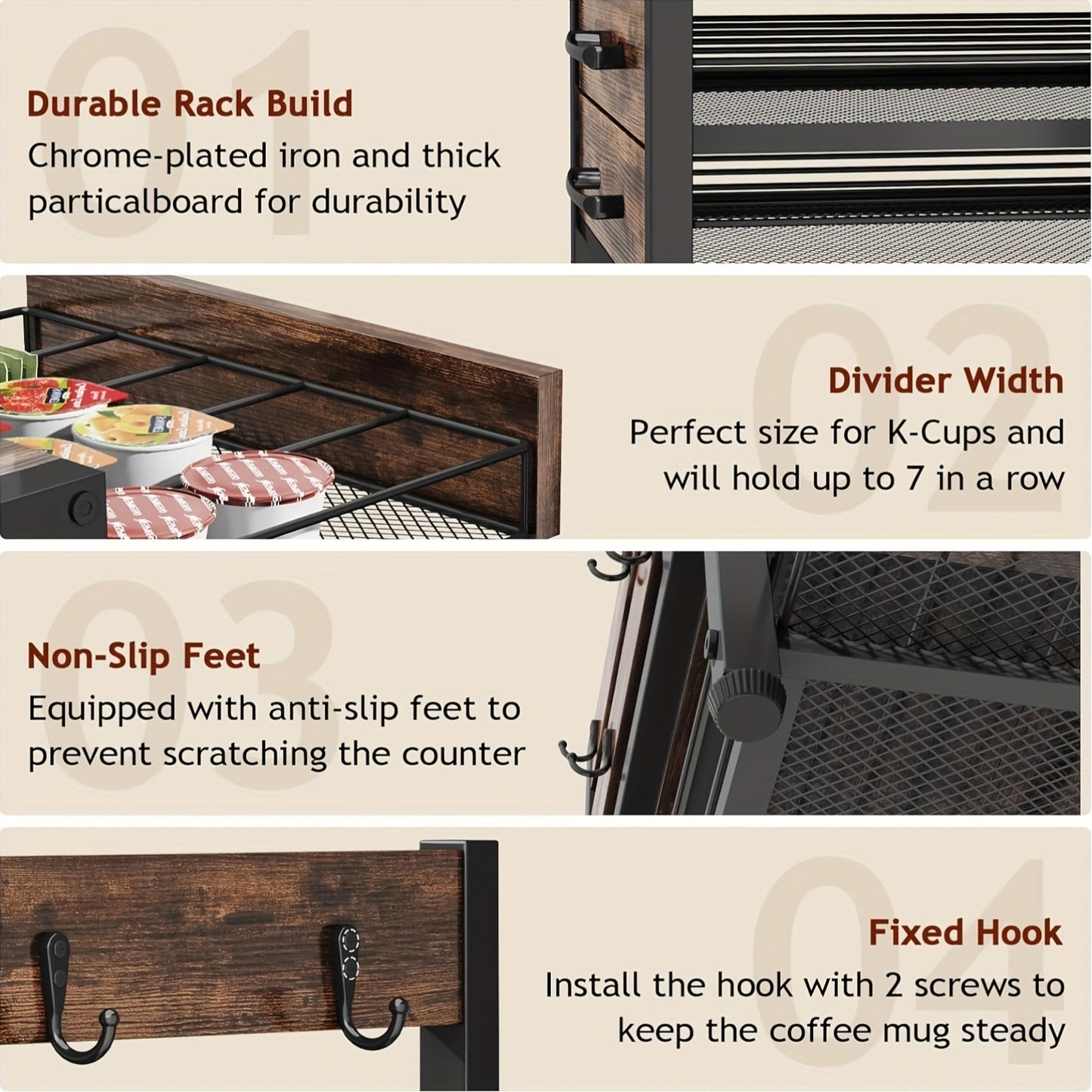 Coffee Capsule Storage Rack And Mug Holder, Double Layer Coffee Machine Stand, K Cup Holder Drawer, 70 Capacity Bean Pod Organizer, Home Kitchen Countertop Organizer, Rustic Brown