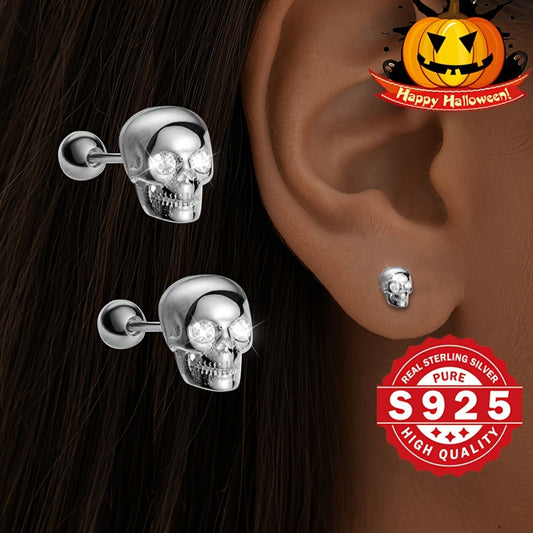 A Set of Skull-Shaped Earrings Made from S925 Sterling Silver, Featuring a Spiral Design And Adorned with Synthetic Zirconia. These Stylish And Timeless Earrings Are Perfect for Halloween And Are Designed to Minimize Allergic