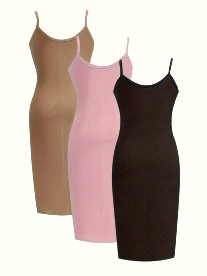 [3 Pack Plus Size Cami Dress] 3 Pack Plus Size Basic Dress Set, Women's Plus Solid Round Neck Medium Stretch Slim Fit Cami Dress Three Piece Set