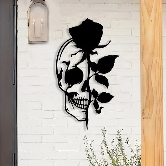 Stainless Sugar Skull Decor - Gothic Metal Wall Art with Intricate Floral & Bone Design, Mexican Day of the Dead (Día de los Muertos) Sign, Retro Gothic Home & Party Decoration for Altars, Collectors - Ornate Skull Sculpture