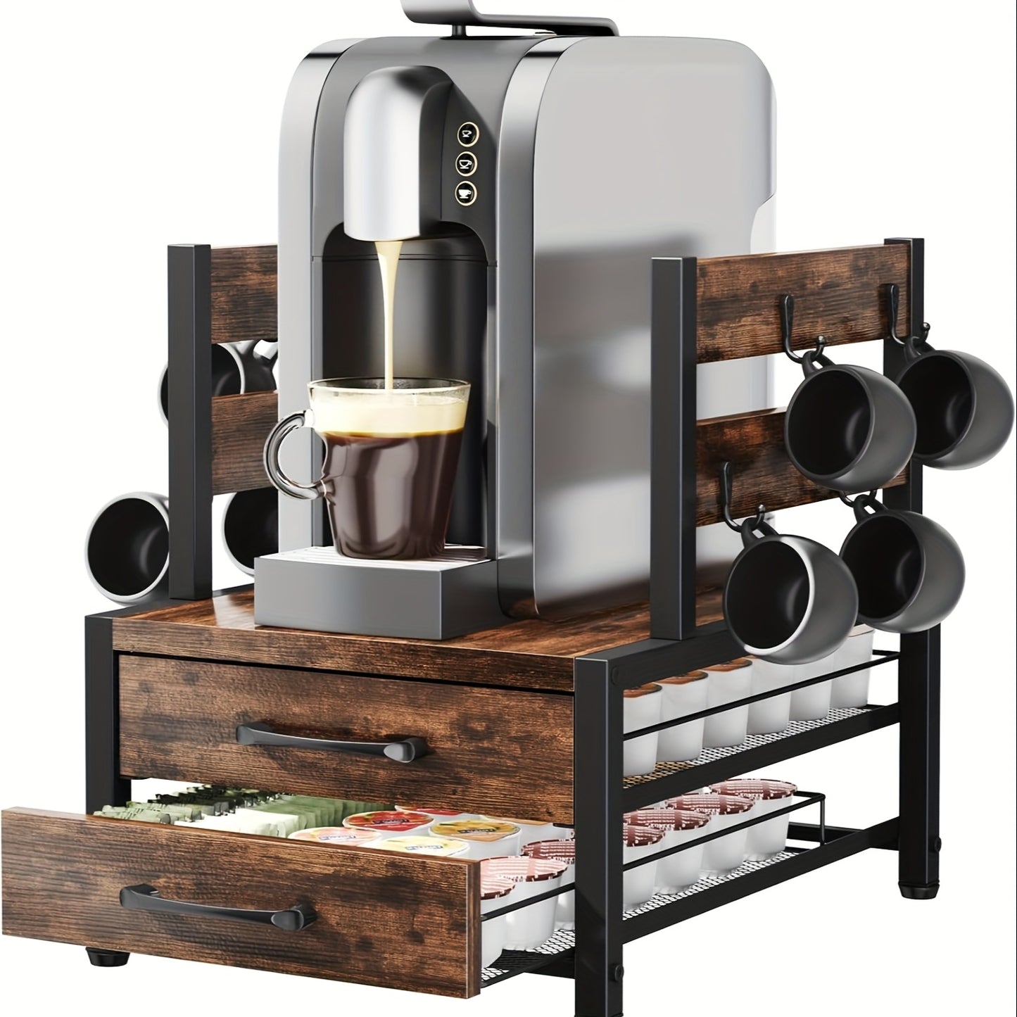Coffee Capsule Storage Rack And Mug Holder, Double Layer Coffee Machine Stand, K Cup Holder Drawer, 70 Capacity Bean Pod Organizer, Home Kitchen Countertop Organizer, Rustic Brown