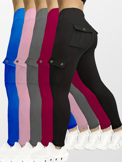 5pcs Set Women's High-Waisted Yoga Leggings with Belt Pockets & Button Closure - Full Coverage Flap Pocket Athletic Pants, Solid Color Gym Workout Running Training Suit (Black, Navy, Gray, Pink, Red) - Comfortable Machine-Was