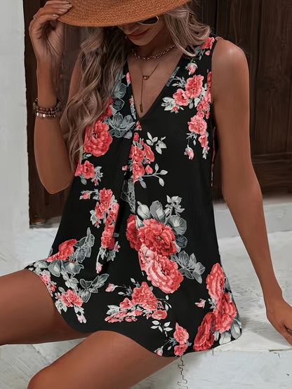 Chic Floral Print V-Neck Blouse - Stylish Sleeveless Top for Spring & Summer - Breathable Casual Wear for Women