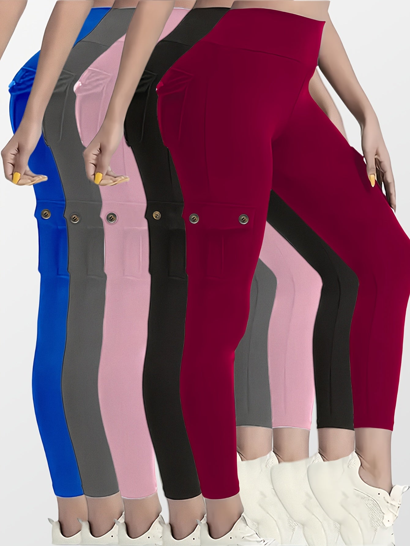 5pcs Set Women's High-Waisted Yoga Leggings with Belt Pockets & Button Closure - Full Coverage Flap Pocket Athletic Pants, Solid Color Gym Workout Running Training Suit (Black, Navy, Gray, Pink, Red) - Comfortable Machine-Was