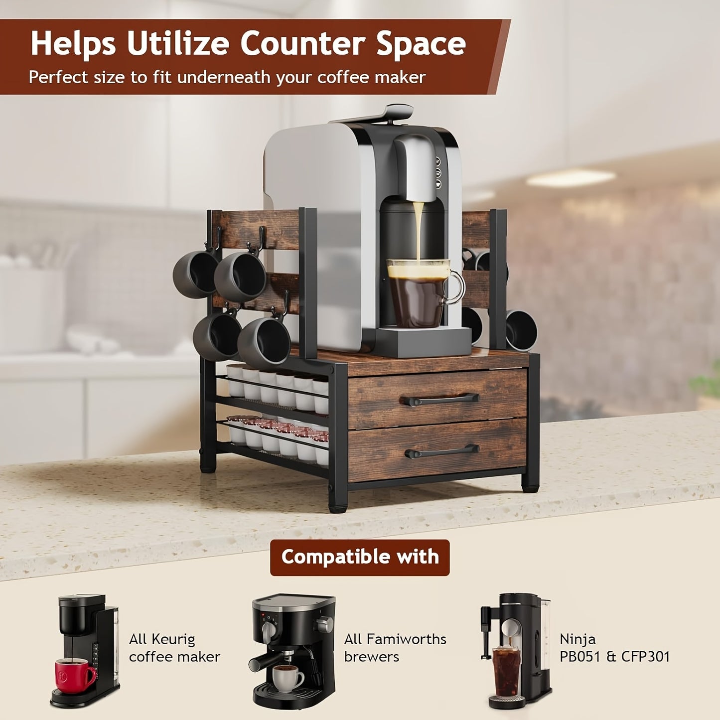 Coffee Capsule Storage Rack And Mug Holder, Double Layer Coffee Machine Stand, K Cup Holder Drawer, 70 Capacity Bean Pod Organizer, Home Kitchen Countertop Organizer, Rustic Brown