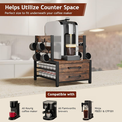 Coffee Capsule Storage Rack And Mug Holder, Double Layer Coffee Machine Stand, K Cup Holder Drawer, 70 Capacity Bean Pod Organizer, Home Kitchen Countertop Organizer, Rustic Brown