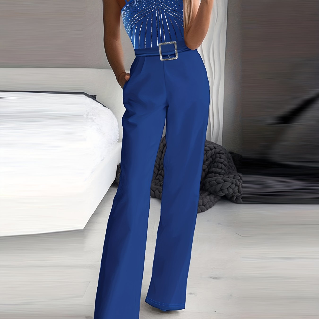 Rhinestone Embellished Wide Leg Jumpsuit - Sleeveless, Halter Neck, Slim Waist, Cut Out, Micro Elasticity, Polyester Fabric - Hand Wash, Summer Casual Wear for Women