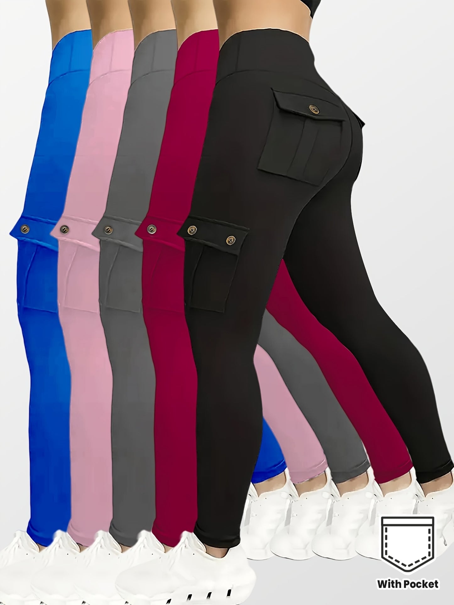 5pcs Set Women's High-Waisted Yoga Leggings with Belt Pockets & Button Closure - Full Coverage Flap Pocket Athletic Pants, Solid Color Gym Workout Running Training Suit (Black, Navy, Gray, Pink, Red) - Comfortable Machine-Was