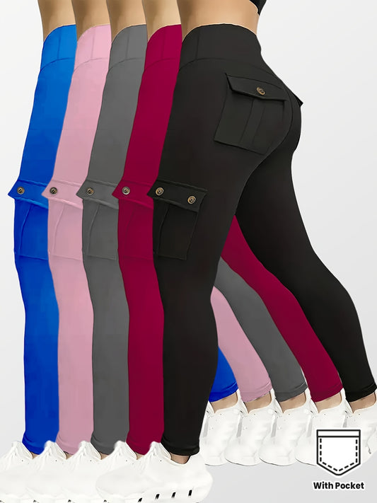 5pcs Set Women's High-Waisted Yoga Leggings with Belt Pockets & Button Closure - Full Coverage Flap Pocket Athletic Pants, Solid Color Gym Workout Running Training Suit (Black, Navy, Gray, Pink, Red) - Comfortable Machine-Was