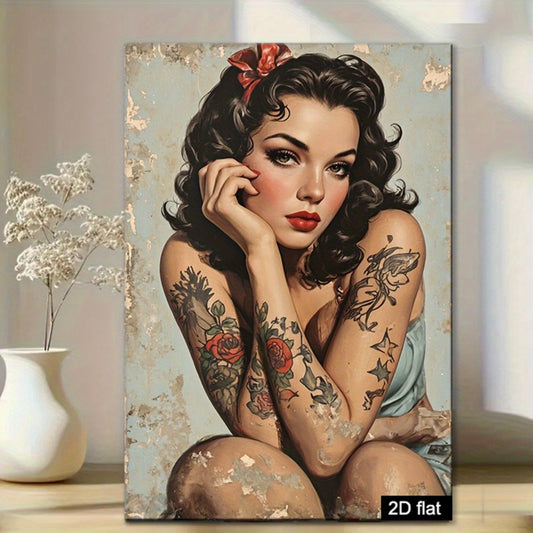 1pc Vintage Pinup Girl Canvas Wall Art - Frameless 12x18" Retro Tattoo Poster with Red Lips, Mid-Century Modern Decor for Living Room, Bedroom, Bathroom - Ready-to-Hang Wrapped Canvas Print - Perfect Vintage Gift for Hallowee