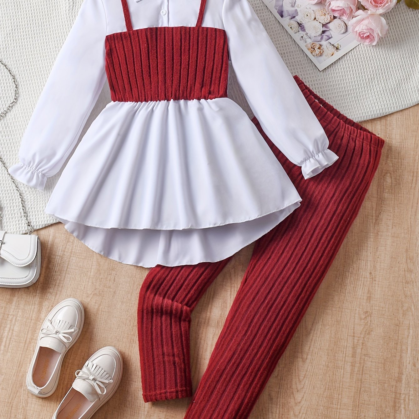 2pcs Solid Color Elegant Long-Sleeve Blouse Top + Comfy Slim Pants Set - Stylish & Casual Outfit for Girls Spring Fall Outdoor Gift