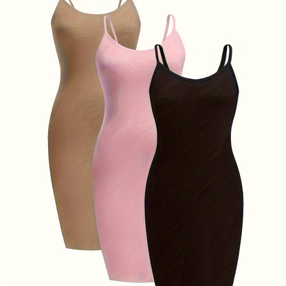 [3 Pack Plus Size Cami Dress] 3 Pack Plus Size Basic Dress Set, Women's Plus Solid Round Neck Medium Stretch Slim Fit Cami Dress Three Piece Set