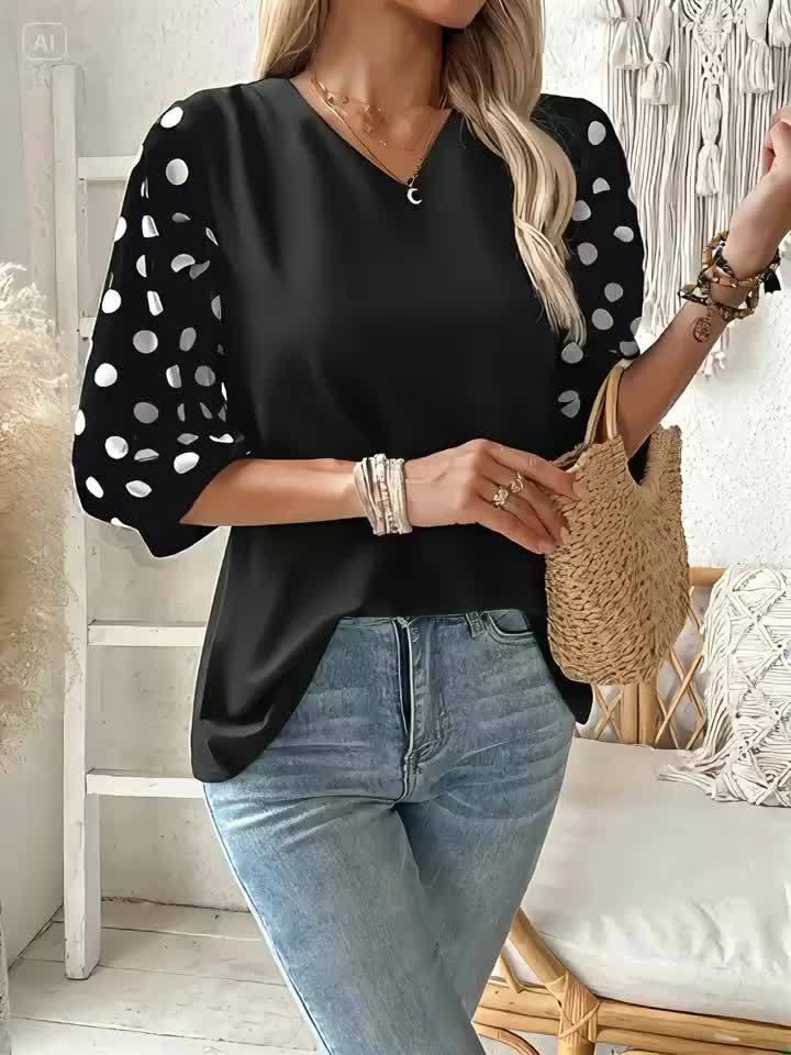 Plus Size V‑Neck Blouse – Lightweight, Breathable Polka Dot Contrast Sleeve Top