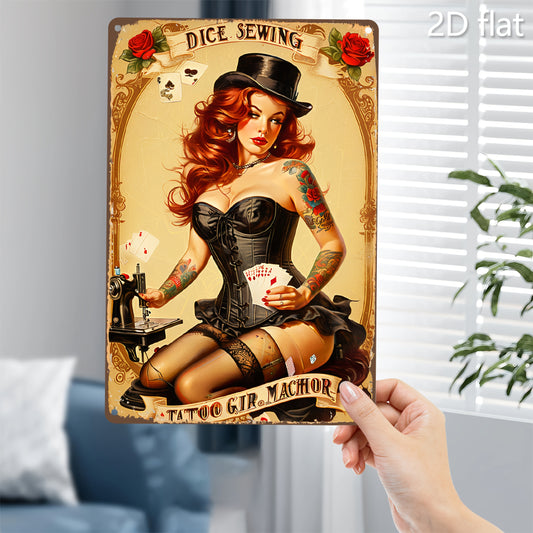 Vintage Tattooed Lady Playing Cards Metal Wall Art - 8"x12" Retro Sewing Room Decor, Indoor/Outdoor Hanging Sign with Floral and Playing Card Design, Perfect for Home or Business, Elegant Wall Plaque | Intricate Design, Ideal