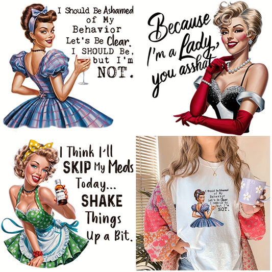 3 Sheets Sarcastic Pinup Girl Iron-On Transfers - Vintage Retro HTV Heat Transfer Vinyl Decals for T-Shirts, Clothing, Hats, Pillows, Backpacks & Crafts - Mixed Colors, Easy Application, Funny Shirts for Girls