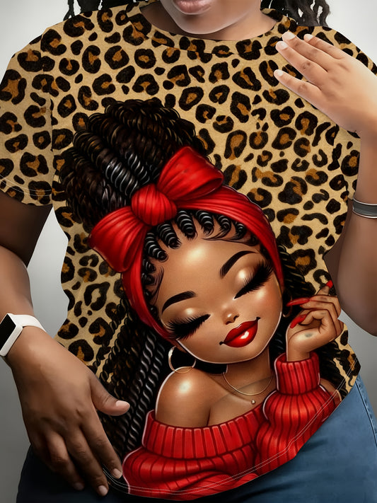 Ladies' Digital Printed Short Sleeved Shirt, Artistic Style "leopard Print Trendy " Themed Printed Short Sleeved T-shirt, Plus Size Ladies' Casual Round Neck T-shirt, The Picture Shows A Unique Style Of Trendy Image, Fully Pr