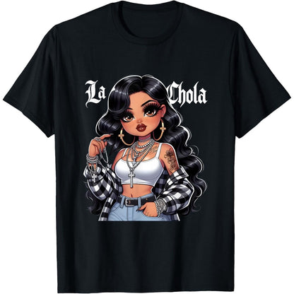 Men'S Chola Chibi Hispanic Heritage Month T-Shirt - 100% Retro Chicana Graphic Tee with La Chola Lettering & Chola Girl Design, Short Sleeve Round Neck Casual Top for Halloween, Thanksgiving, Christmas Gifts, Brown Pride Appa