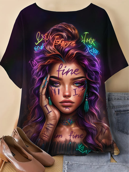 Women's Plus Size Tummy-Control Short Sleeve T-Shirt with Tattoo Print - Soft Stretch Fabric, Plus Size Friendly for all-Season Casual & Party Wear - Machine Washable Round Neck Top