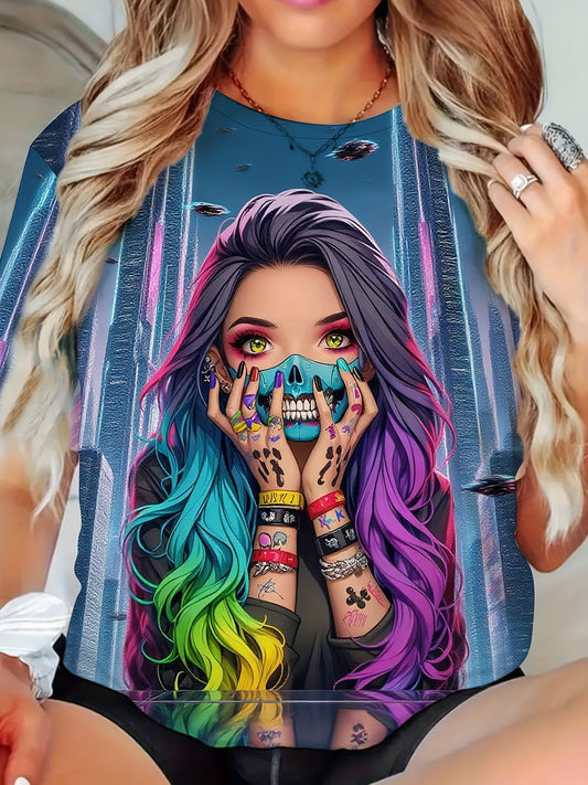 Vibrant ' Graphic Tee in Cyberpunk Style, Available in Plus Sizes for Women. Essential for Fashionable Streetwear, Made from Soft, Breathable Material. Regular Fit That Flatters All Body Types, Comfortable And Versatile for P
